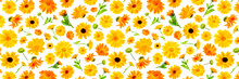 Pattern Of Orange Flowers Of Calendula On A White Background, As A Backdrop Or Texture. Spring, Summer Wallpaper For Your Design. Top View Flat Lay Banner