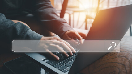 Searching Browsing Internet Data Information Networking Concept, Human hand use laptop to search the internet, Searching engine with blank search bar, Search engine optimization, SEO
