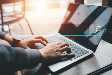 Leinwandbilder - Searching Browsing Internet Data Information Networking Concept, Human hand use laptop to search the internet, Searching engine with blank search bar, Search engine optimization, SEO