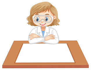 Wall Mural - Scientist girl uniform with blank paper on the table