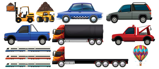 Wall Mural - Set of different kind of cars and trucks isolated on white background