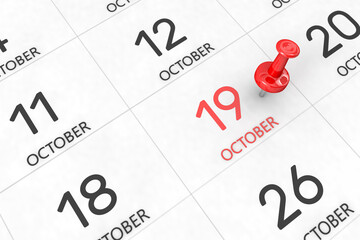 3d rendering of important days concept. October 19th. Day 19 of month. Red date written and pinned on a calendar. Autumn month, day of the year. Remind you an important event or possibility.