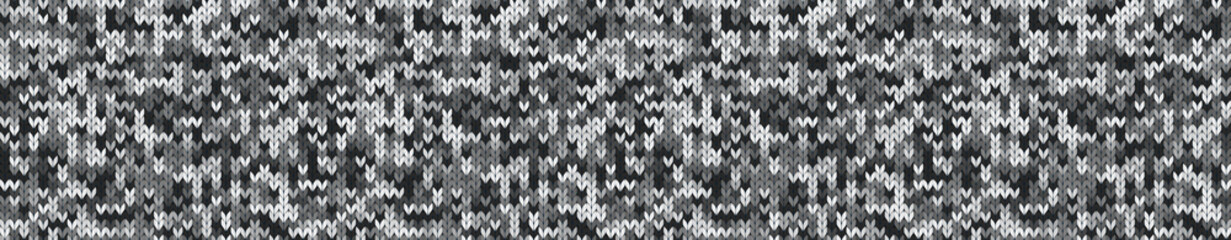 Texture panorama of gray knitted fabric. Textile background banner panorama. Flax bright cloth pattern with fiber.