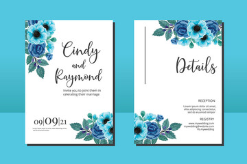 Wedding invitation frame set, floral watercolor hand drawn Blue Rose and Anemone Flower design Invitation Card Template