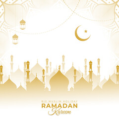 Wall Mural - Ramadan Kareem with Moon, Mosque and Stars on White Background. Vector illustration. Traditional Lanterns and Place for your Text.