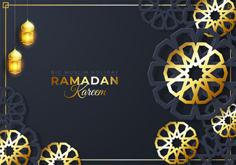 Wall Mural - Ramadan Mubarak holiday design. 3d paper cut flower decorated traditional islamic pattern with shiny hanging lanterns, golden greeting text, black background. Vector illustration.