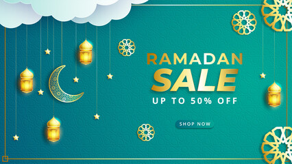 Wall Mural - Ramadan sale, web header and banner design with hanging intricate lanterns, poster, ramadan greeting Card Illustration, background, flyer, illustration, brochure and sale background