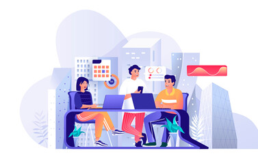 Fototapete - Colleagues at business meeting scene. Team seminar, teamwork at office, conference and brainstorming, collaboration, communication concept. Vector illustration of people characters in flat design