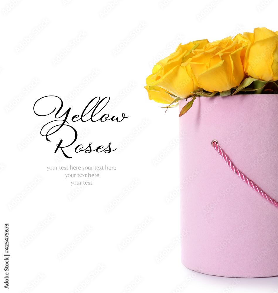 Gift box with fresh yellow roses on white background with space for text - obrazy, fototapety, plakaty 
