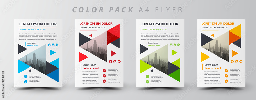 Flyer brochure design template set triangles color, creative leaflet size A4, trend cover - obrazy, fototapety, plakaty 