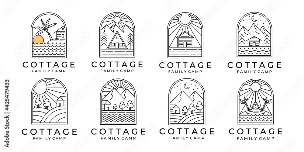 set of cottage or cabin line art minimalist simple vector logo ...