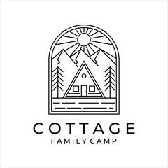 Wall Mural - cottage or cabin line art minimalist simple vector logo illustration design. cottage at mountain forest of pine tree line art logo concept icon minimalist simple vector illustration design