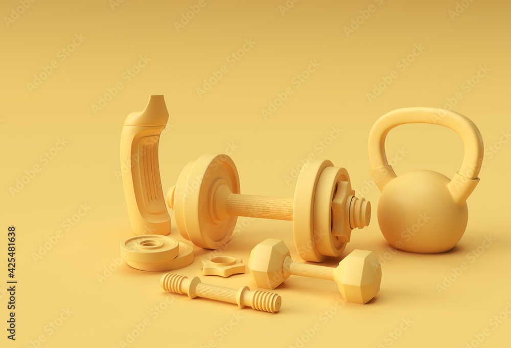 3d Render Dumbbells Set, Realistic Detailed Close Up View Isolated Sport Element of Fitness Dumbbell Design. - obrazy, fototapety, plakaty 