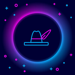 Wall Mural - Glowing neon line Oktoberfest hat icon isolated on black background. Hunter hat with feather. German hat. Colorful outline concept. Vector