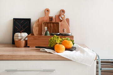 Cutting boards and products on kitchen counter