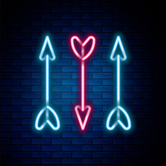 Poster - Glowing neon line Hipster arrows icon isolated on brick wall background. Colorful outline concept. Vector