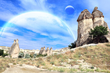 Wall Mural - landscape with mountain, rock and planets in sky
