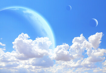 Wall Mural - fantastic sky with white clouds and three planets