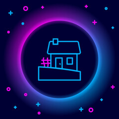 Sticker - Glowing neon line Old Ukrainian house hut icon isolated on black background. Traditional village house. Colorful outline concept. Vector