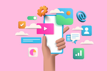 Wall Mural - 3d handhold phone mobile app development, application building, app testing, ui-ux and web design. a