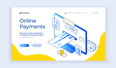 Wall Mural - online payments. website banner template. vector illustration of computer with credit card near desc