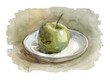 Picturesque watercolor sketch apple on a plate