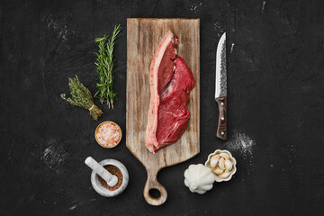 Wall Mural - Overhead view of raw beef ribeye lip on with skin