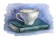 Picturesque watercolor sketch of a tea cup and a book in blue tones