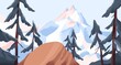 Panoramic view from cliff on mountain peak covered with snow. Calm nature landscape with forest and snowy mount. Peaceful winter scenery of highlands. Colored flat vector illustration