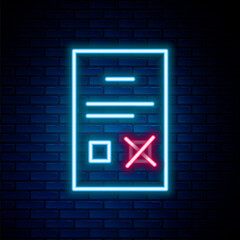 Canvas Print - Glowing neon line Poll document icon isolated on brick wall background. Colorful outline concept. Vector