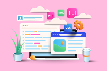 Wall Mural - web development, application design, coding, and programming on laptop concept on pink background. 3