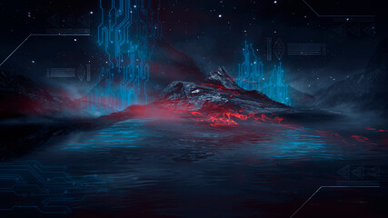 Wall Mural - futuristic fantasy night landscape with abstract landscape and island, moonlight, radiance, moon, ne