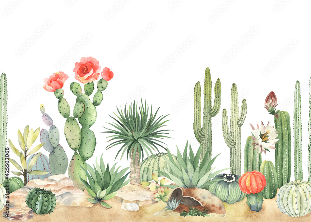 Horizontal seamless pattern with blooming cacti, succulents. Watercolor border, colorful mexican landscape on sand with stones. Illustration on white background. - obrazy, fototapety, plakaty 