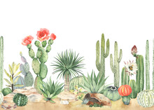 Horizontal Seamless Pattern With Blooming Cacti, Succulents. Watercolor Border, Colorful Mexican Landscape On Sand With Stones. Illustration On White Background.