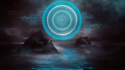 Wall Mural - futuristic fantasy night landscape with abstract landscape and island, moonlight, radiance, moon, ne