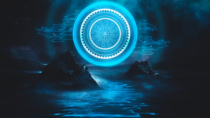 Wall Mural - Futuristic fantasy night landscape with abstract landscape and island, moonlight, radiance, moon, neon. Dark natural scene with light reflection in water. Neon space galaxy portal. 3D illustration. 