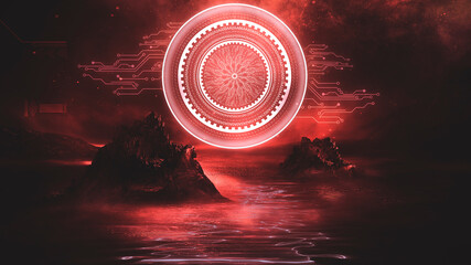 Wall Mural - futuristic fantasy night landscape with abstract landscape and island, moonlight, radiance, moon, ne
