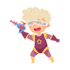 Wall Mural - Cute Boy Wearing Mask as Superhero Holding Water Pistol Pretending Having Power for Fighting Crime Vector Illustration