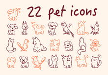 Collection Of Cute Line Art Pet Icons – Cat, Dog And Parrot Characters Isolated On Light Background. Vector Flat Illustration. For Shelter Emblems, Veterinary Logo, Children Decor.