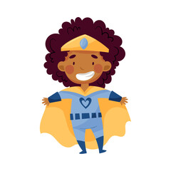 Wall Mural - Little African American Girl Wearing Costume of Superhero Standing Pretending Having Power for Fighting Crime Vector Illustration