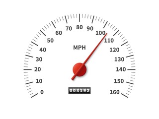 Speedometer. Realistic odometer interface. Speed meter with red arrow and miles measuring scale. Vehicle dashboard template. Car counter dial design. Vector transport velocity indicator