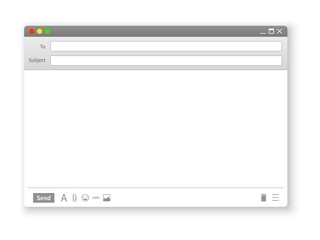 Window email. Realistic frame for online message. Mail application web page template for sending letters. Internet messenger interface with place for text and buttons. Vector UI mockup