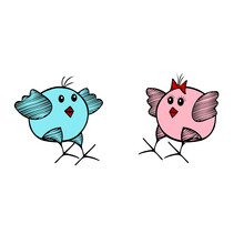 Pair Of Black Vector Easter Pink And Blue Chicks Jump On A White Background