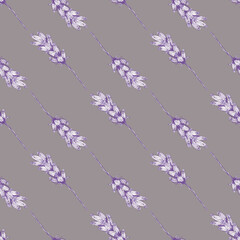 Lavender line art seamless vector pattern background. Backdrop with purple blossoms on stems in diagonal geometric rows. Botanical herb vintage design. Nature meadow garden all over print for summer