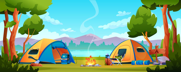 campfire, camping hiking tents forest nature scenery, river or lake, mountains on background. vector