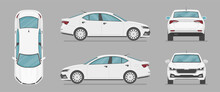Car In Different View. Front, Back, Top And Side Car Projection. Flat Illustration For Designing. Vector Sedan Auto.