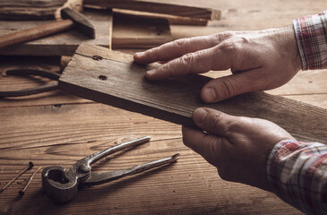 Wall Mural - Carpenter holding a wooden plank