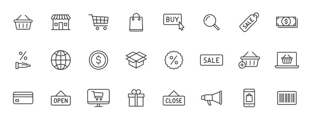 Wall Mural - set of 24 e-commerce and shopping web icons in line style. mobile shop, digital marketing, bank card