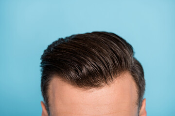 Poster - Cropped photo of young handsome attractive masculine man with perfect hair hairstyle isolated on blue color background