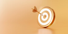 Golden Arrow Aim To Dartboard Target Or Goal Of Success On Business Background With Complete Achievement Concept. 3D Rendering.